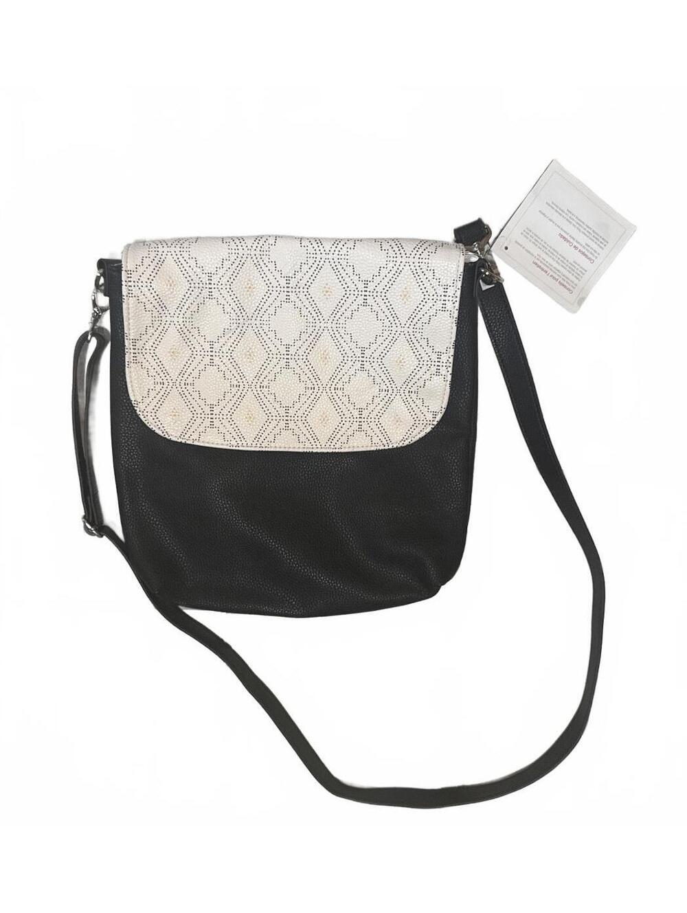 Black and White Thirty-One Crossbody Bag with Laser-Cut Patterned Flap